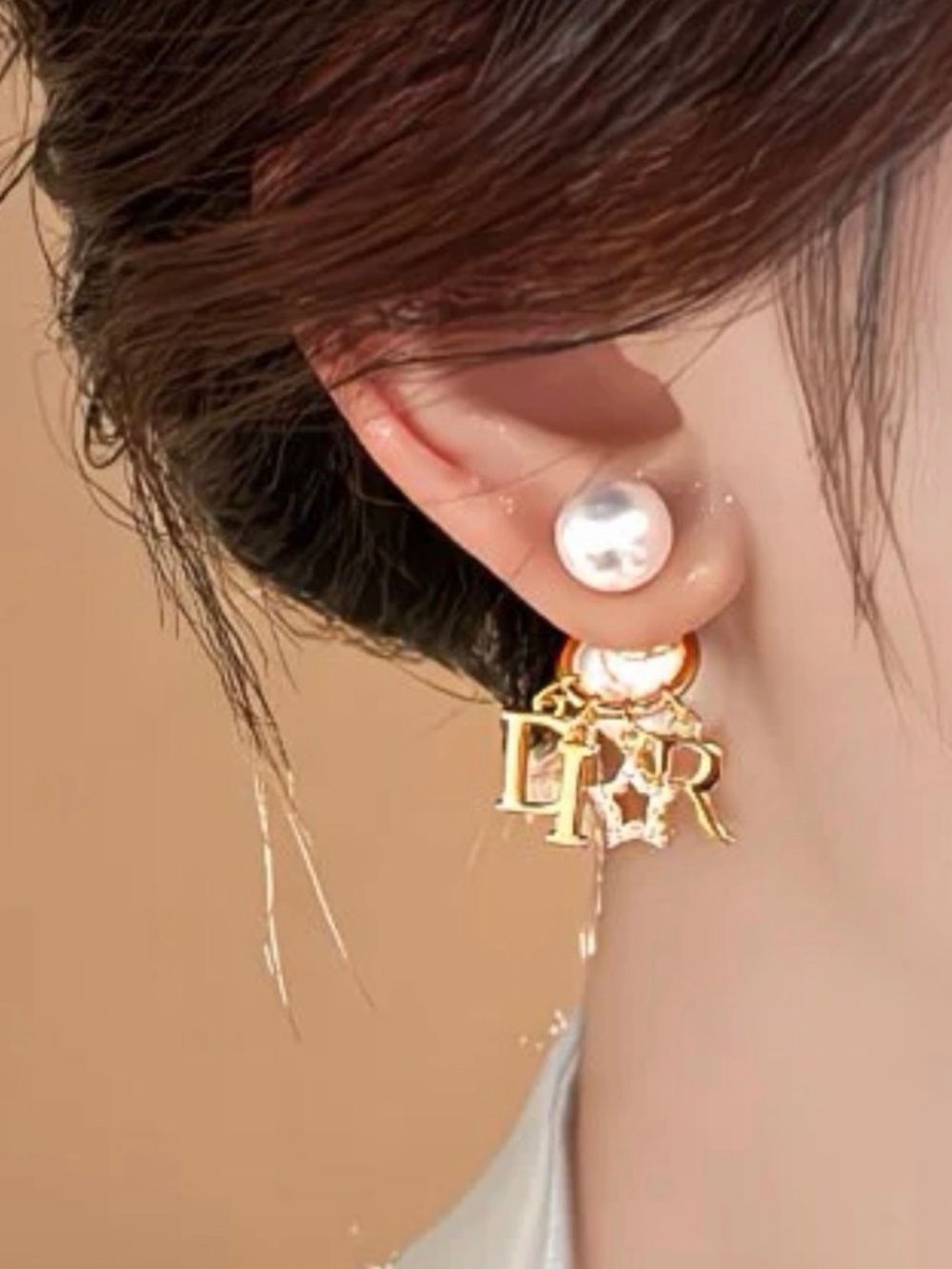 Pearl Stud Earrings with Gold DI⭐️R Charms - Gold & White